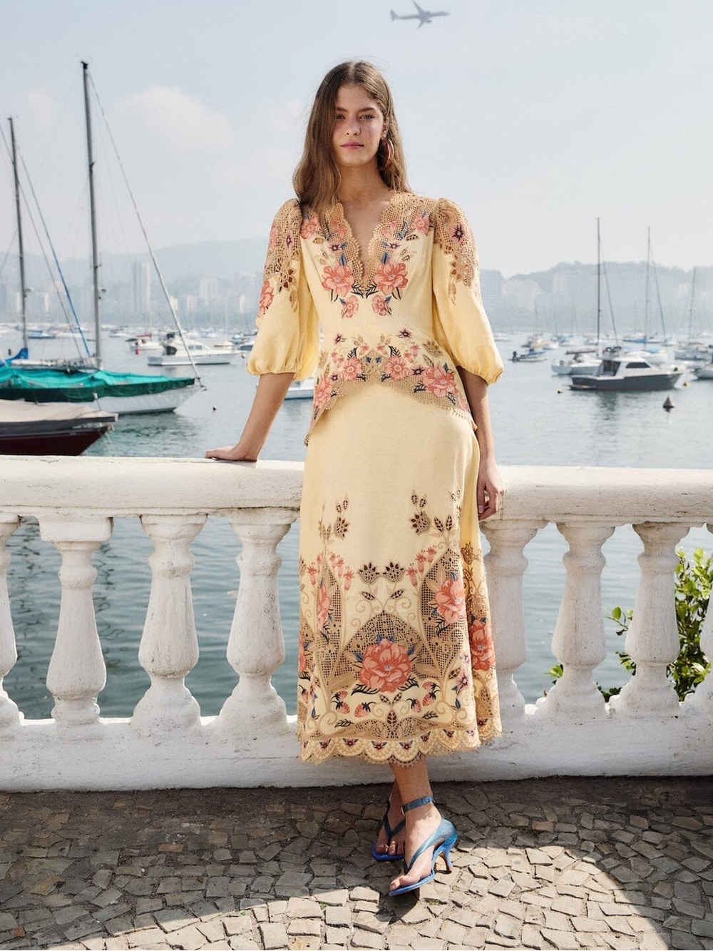 Farm Rio: Butter Yellow Embroidered Midi Dress